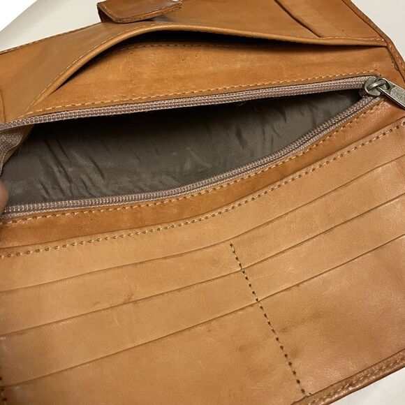 Tan/Orange Floral Faux Leather Large Wallet with Numerous Pockets - Picture 4 of 13